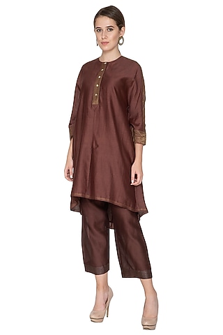 Brown Embellished Chanderi Silk Pants by Urvashi Kaur