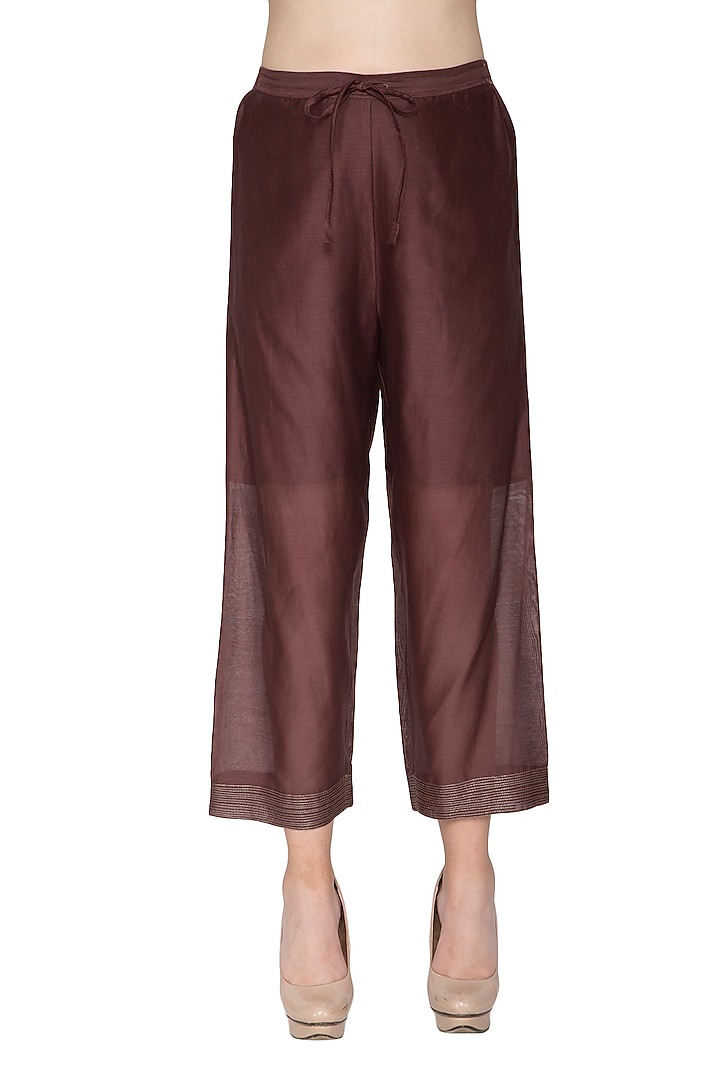 Brown Embellished Chanderi Silk Pants by Urvashi Kaur at Pernia's Pop Up Shop