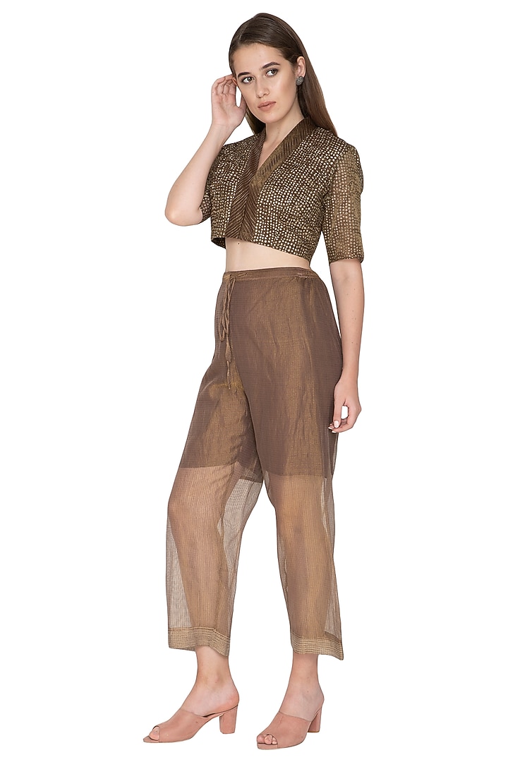 Brown Kota Silk Woven Blouse by Urvashi Kaur at Pernia's Pop Up Shop