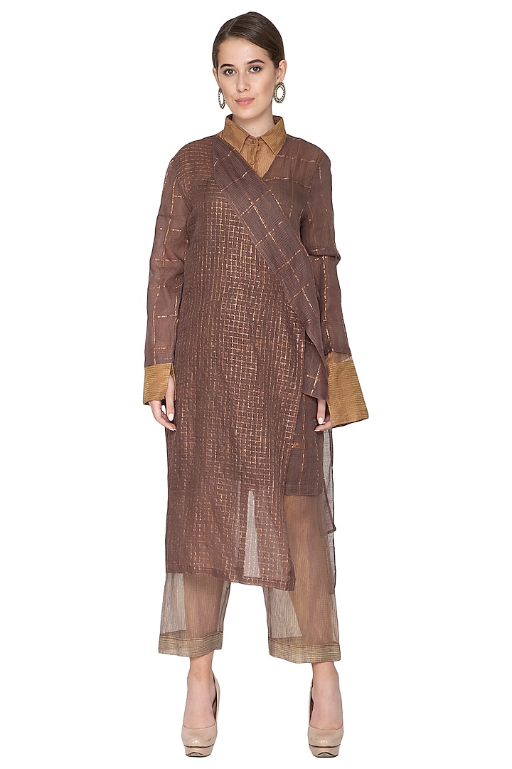 Chocolate Brown Checkered Overlay Jacket by Urvashi Kaur