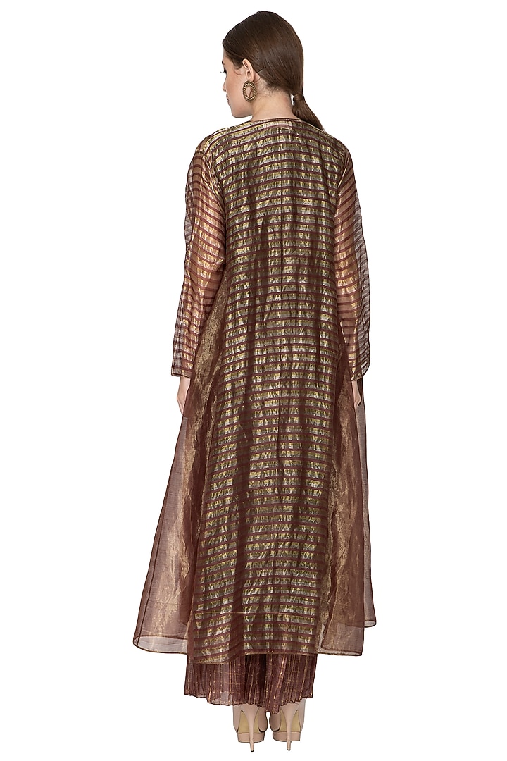 Chocolate Brown Zari Striped Shrug Jacket by Urvashi Kaur at Pernia's Pop Up Shop