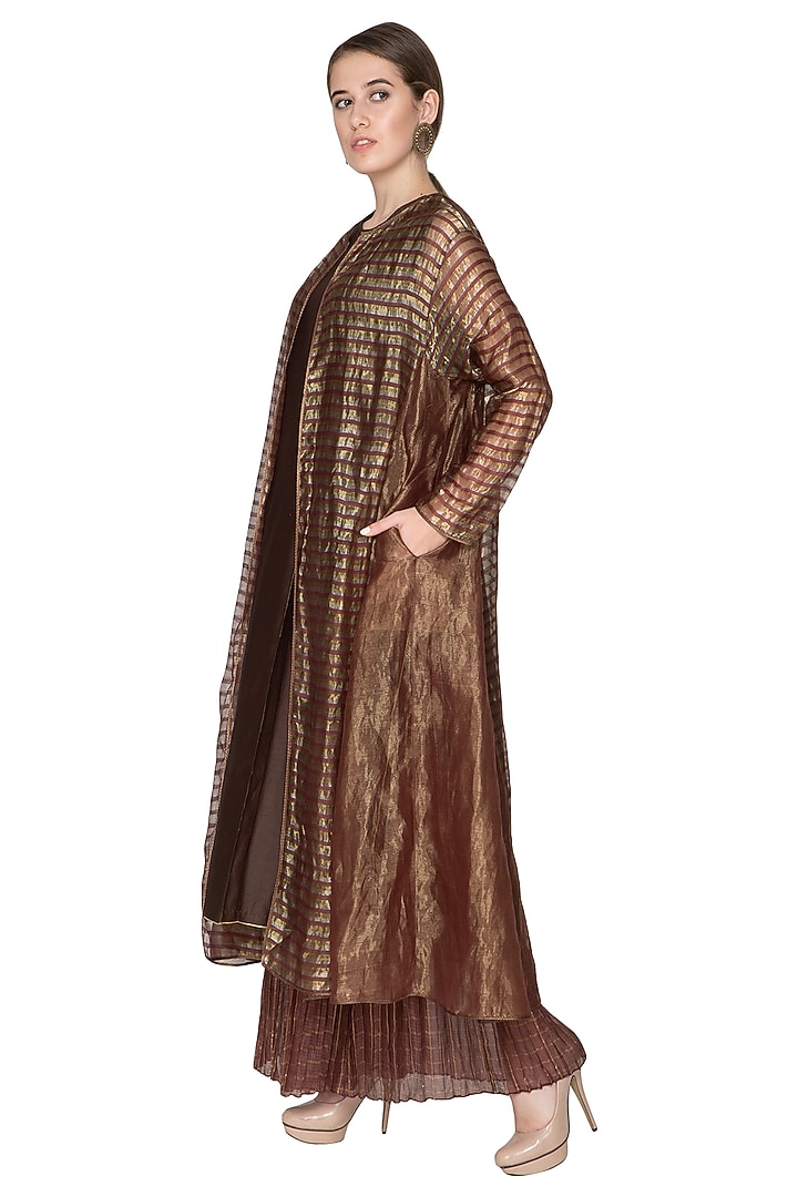 Chocolate Brown Zari Striped Shrug Jacket by Urvashi Kaur at Pernia's Pop Up Shop