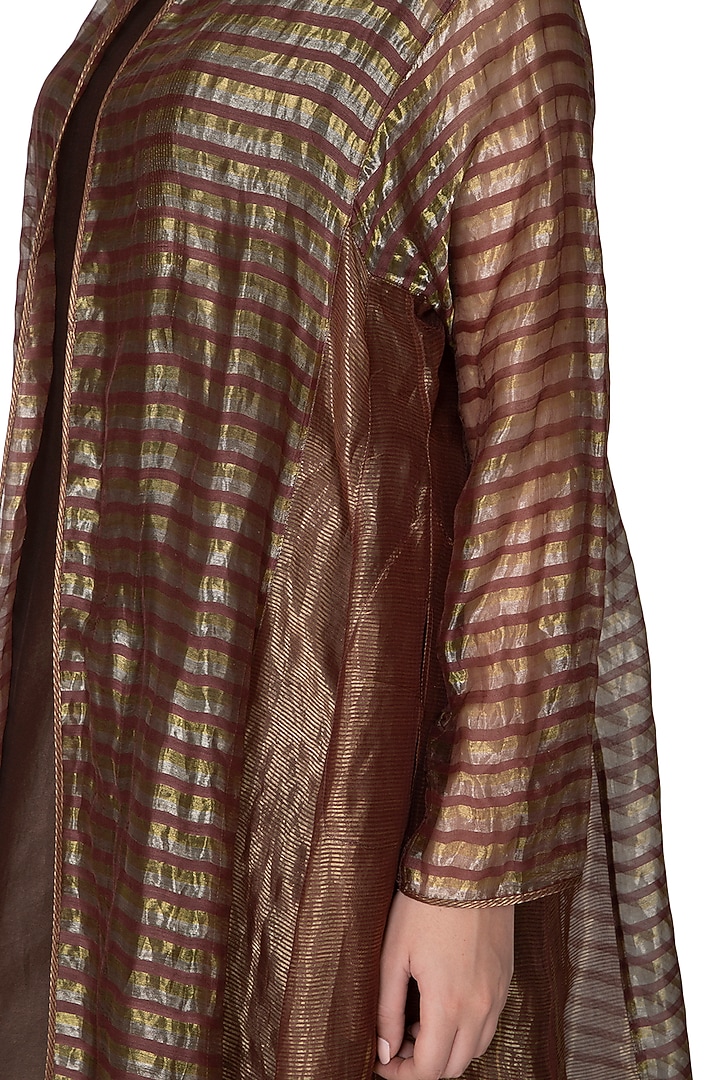 Chocolate Brown Zari Striped Shrug Jacket by Urvashi Kaur at Pernia's Pop Up Shop