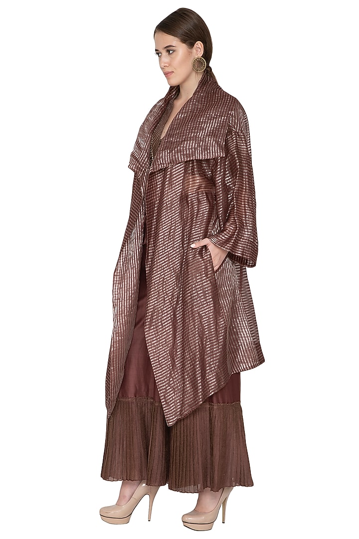 Chocolate Brown Zari Embellished Shrug Jacket by Urvashi Kaur at Pernia's Pop Up Shop