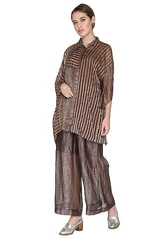 Brown Zari Embellished Palazzo Pants by Urvashi Kaur