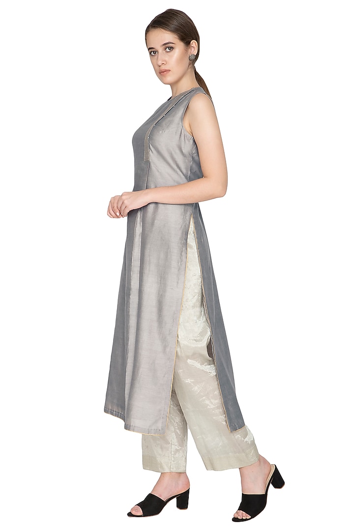 Silver Embellished Woven Pants by Urvashi Kaur at Pernia's Pop Up Shop