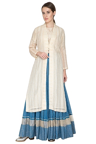 Ecru Tissue Zari Embellished Jacket by Urvashi Kaur