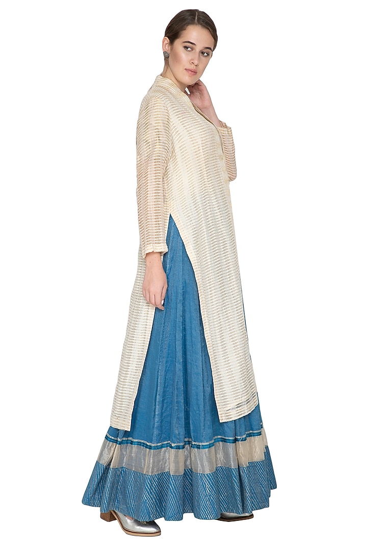 Ecru Tissue Zari Embellished Jacket by Urvashi Kaur at Pernia's Pop Up Shop