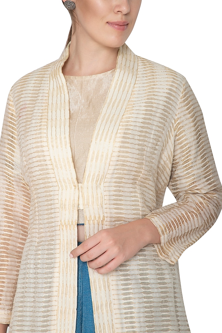Ecru Tissue Zari Embellished Jacket by Urvashi Kaur at Pernia's Pop Up Shop