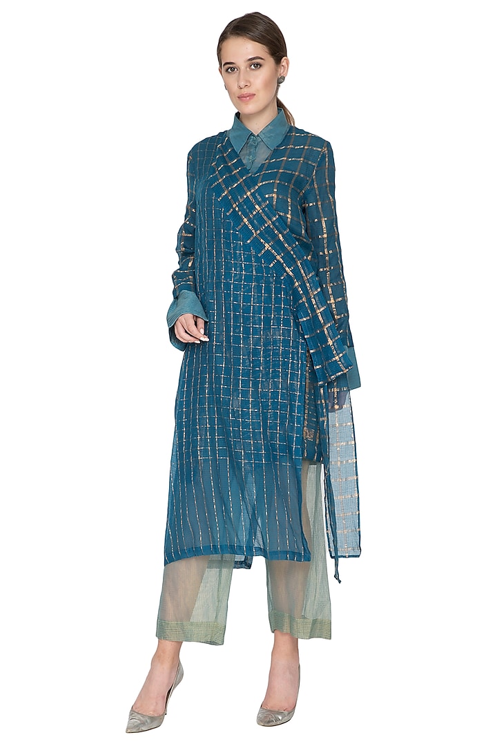 Blue Checkered Overlay Jacket by Urvashi Kaur at Pernia's Pop Up Shop