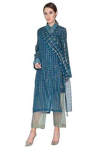 Blue Checkered Overlay Jacket by Urvashi Kaur