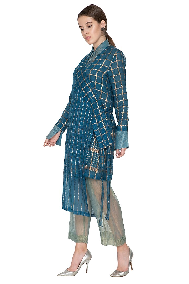 Blue Checkered Overlay Jacket by Urvashi Kaur at Pernia's Pop Up Shop