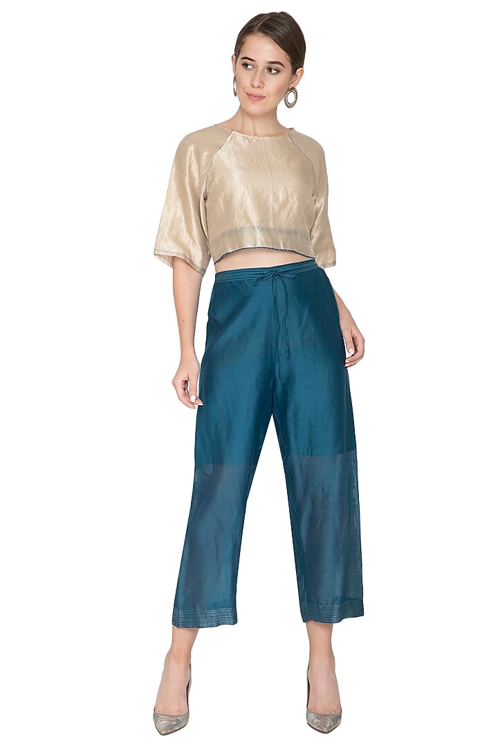 Blue Chanderi Silk Woven Pants by Urvashi Kaur at Pernia's Pop Up Shop