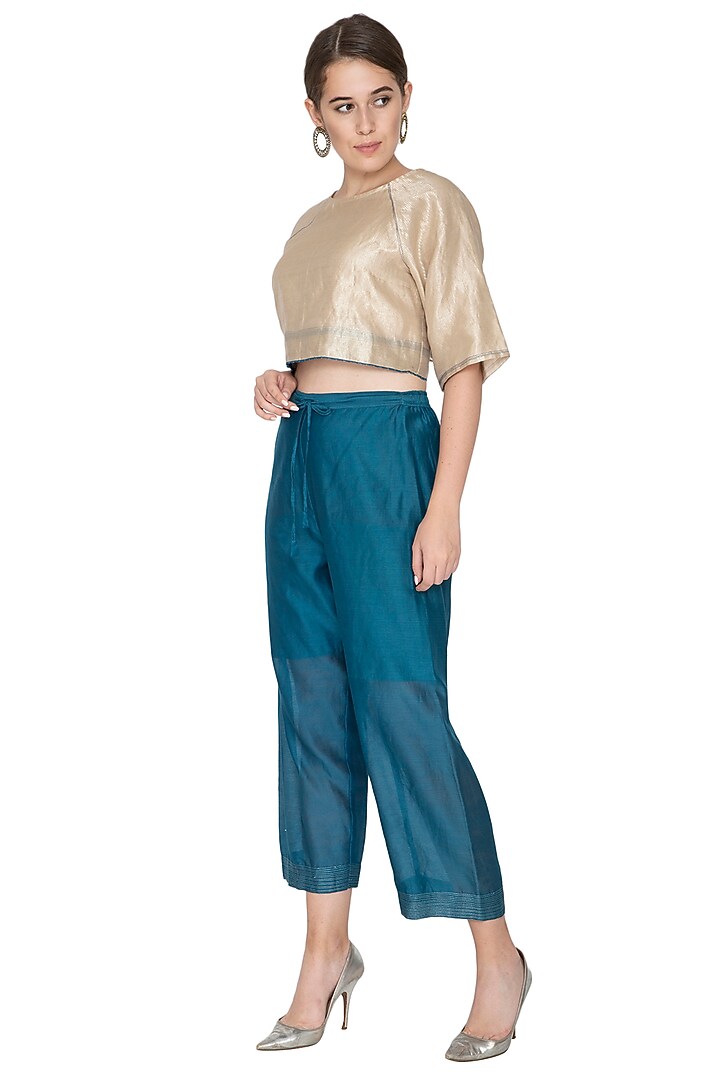 Blue Chanderi Silk Woven Pants by Urvashi Kaur at Pernia's Pop Up Shop