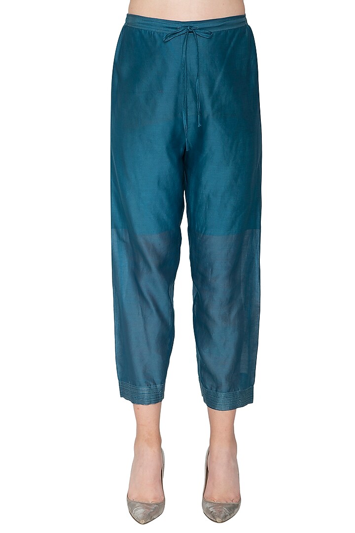 Blue Chanderi Silk Woven Pants by Urvashi Kaur at Pernia's Pop Up Shop
