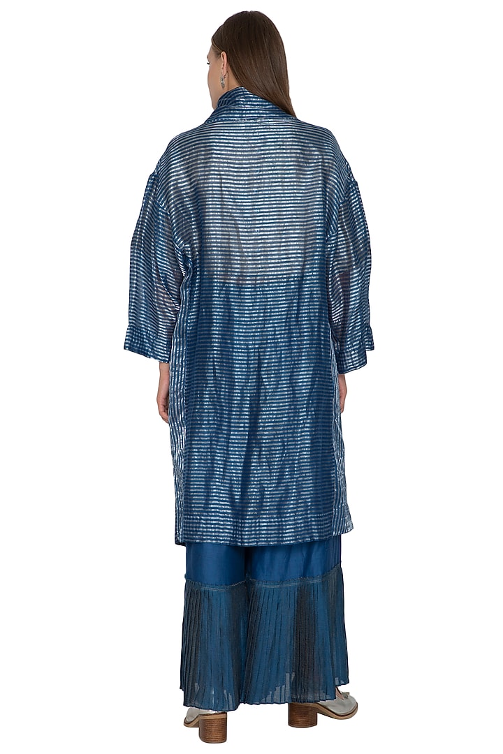 Blue Zari Striped Woven Jacket by Urvashi Kaur at Pernia's Pop Up Shop