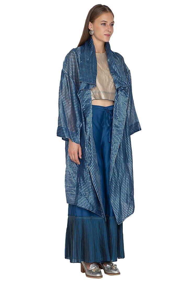 Blue Zari Striped Woven Jacket by Urvashi Kaur at Pernia's Pop Up Shop