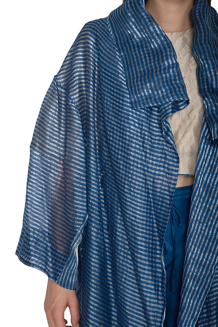 Blue Zari Striped Woven Jacket by Urvashi Kaur at Pernia's Pop Up Shop