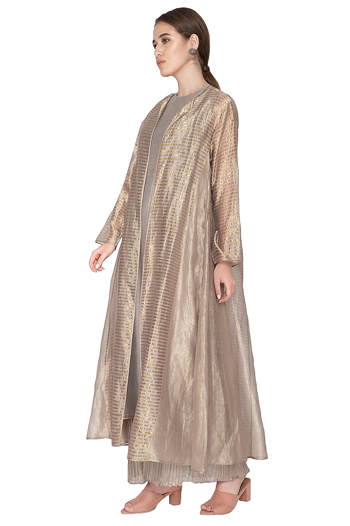 Grey Stripe Zari Tissue Silk Shrug by Urvashi Kaur at Pernia's Pop Up Shop