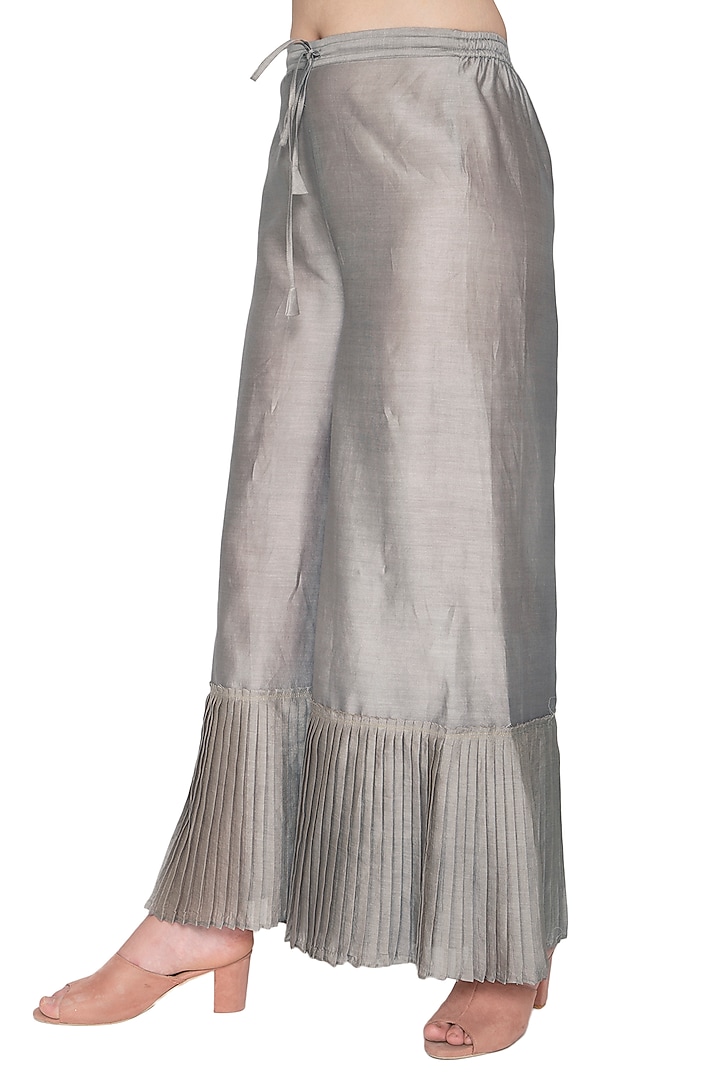Grey Chanderi Silk Pleated Pants by Urvashi Kaur at Pernia's Pop Up Shop