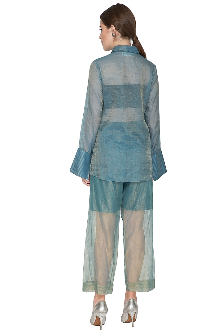 Blue Half Tissue Silk Shirt by Urvashi Kaur at Pernia's Pop Up Shop