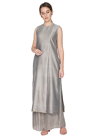 Grey Stripe Kota Silk Pleated Pants by Urvashi Kaur