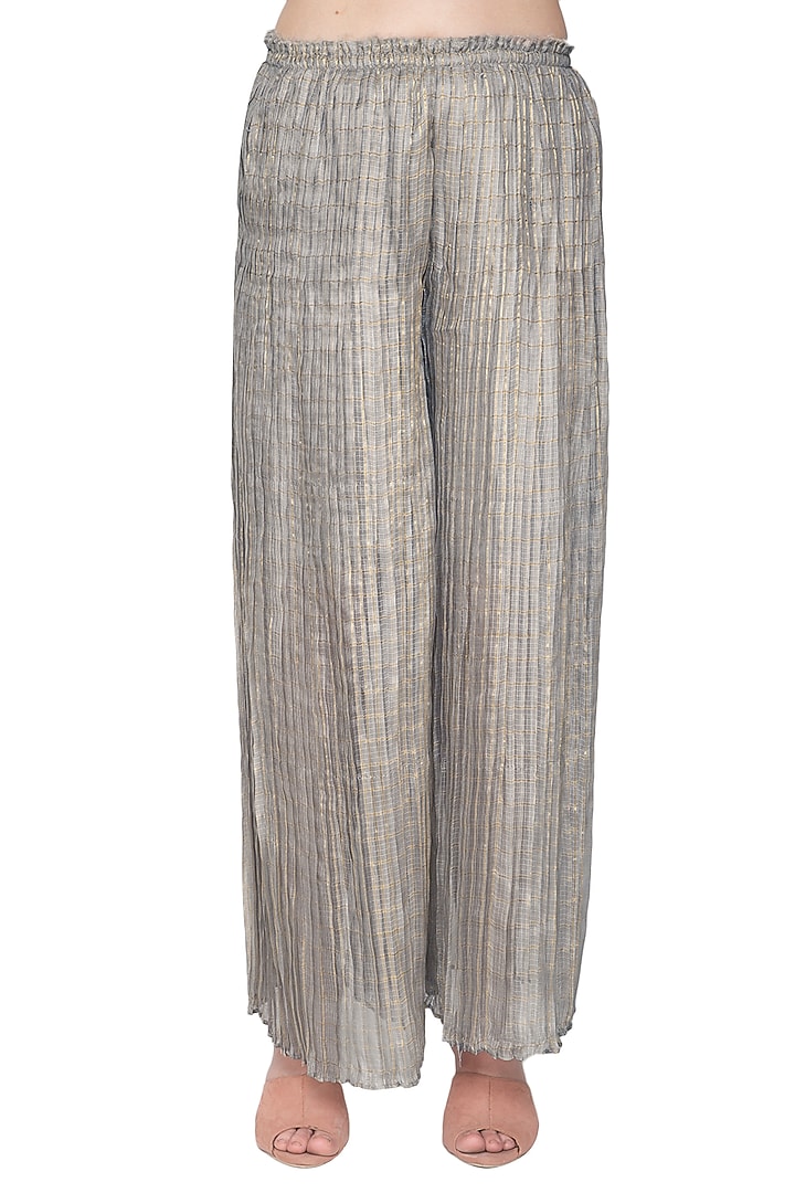 Grey Stripe Kota Silk Pleated Pants by Urvashi Kaur at Pernia's Pop Up Shop
