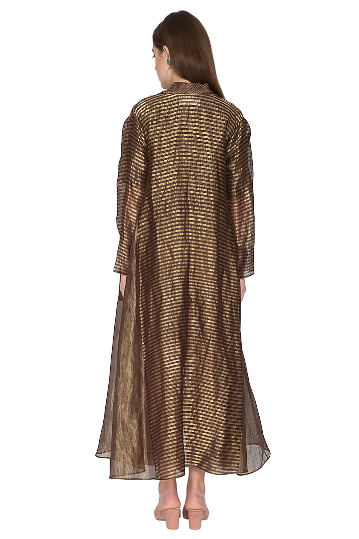 Brown Stripe Zari Tissue Silk Shrug by Urvashi Kaur at Pernia's Pop Up Shop