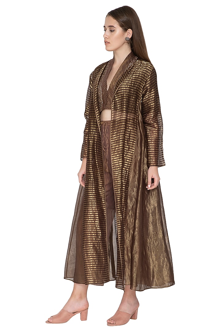 Brown Stripe Zari Tissue Silk Shrug by Urvashi Kaur at Pernia's Pop Up Shop