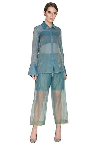 Blue Stripe Tissue Silk Palazzo Pants by Urvashi Kaur