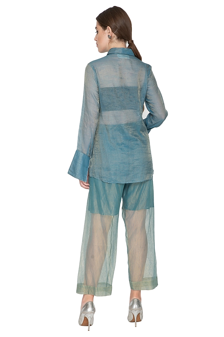 Blue Stripe Tissue Silk Palazzo Pants by Urvashi Kaur at Pernia's Pop Up Shop