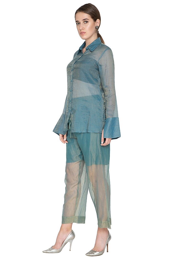 Blue Stripe Tissue Silk Palazzo Pants by Urvashi Kaur at Pernia's Pop Up Shop