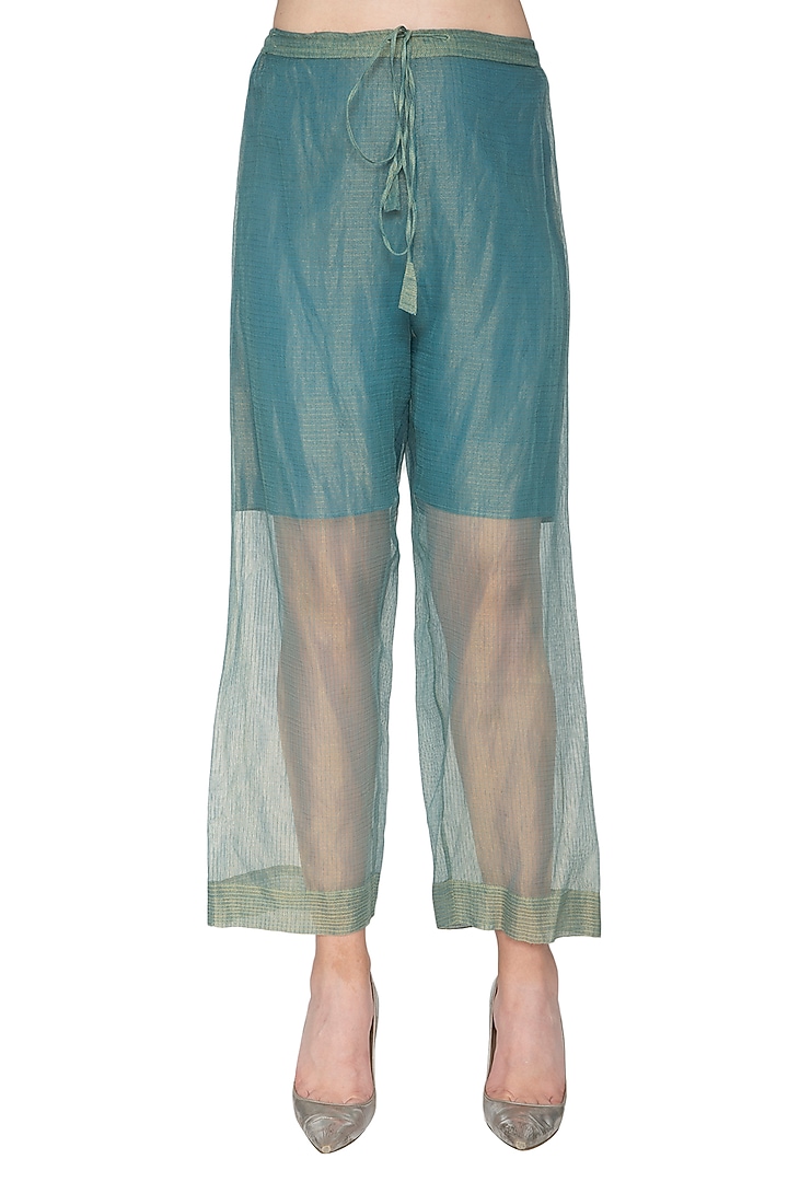 Blue Stripe Tissue Silk Palazzo Pants by Urvashi Kaur at Pernia's Pop Up Shop