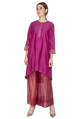 Fuchsia Stripe Tissue Silk Palazzo Pants by Urvashi Kaur