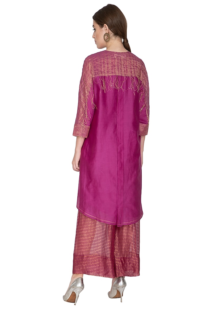 Fuchsia Stripe Tissue Silk Palazzo Pants by Urvashi Kaur at Pernia's Pop Up Shop