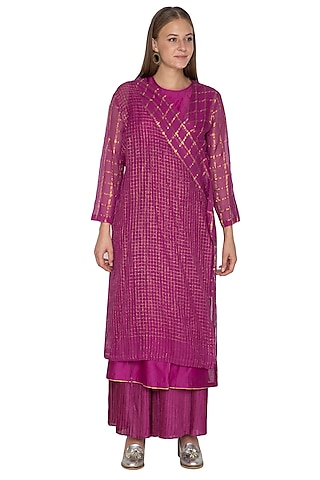 Fuchsia Checkered Overlay Jacket by Urvashi Kaur