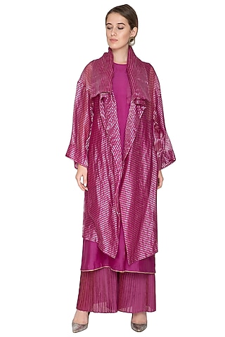 Fuchsia Stripe Kota Silk Pleated Palazzo Pants by Urvashi Kaur
