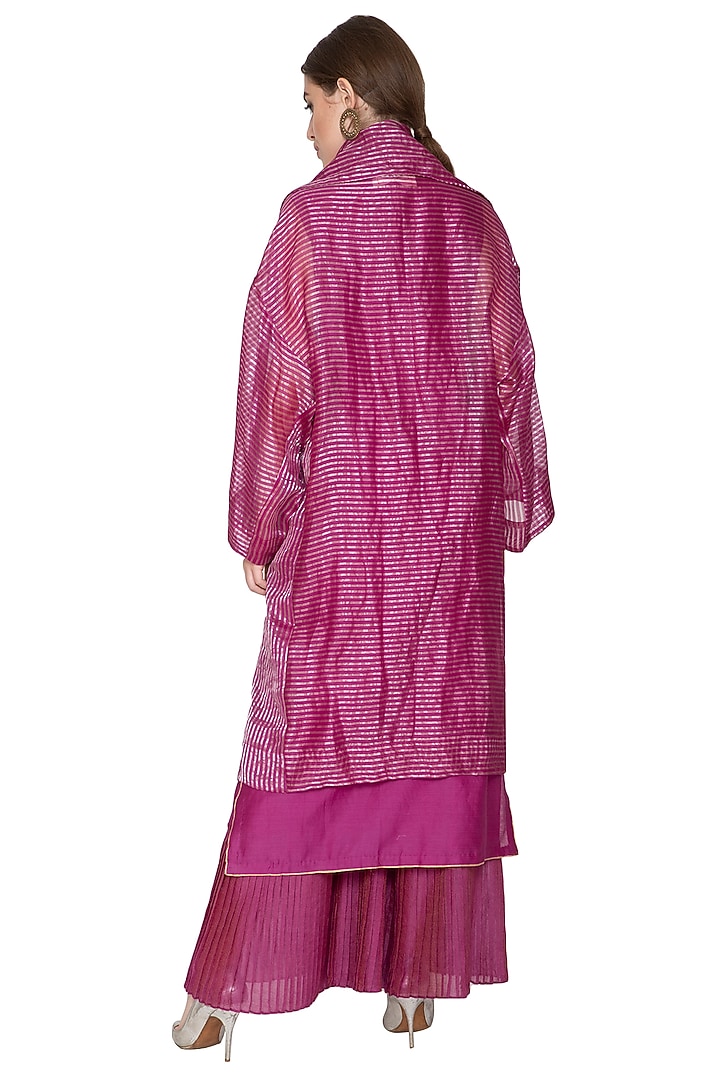 Fuchsia Stripe Kota Silk Pleated Palazzo Pants by Urvashi Kaur at Pernia's Pop Up Shop