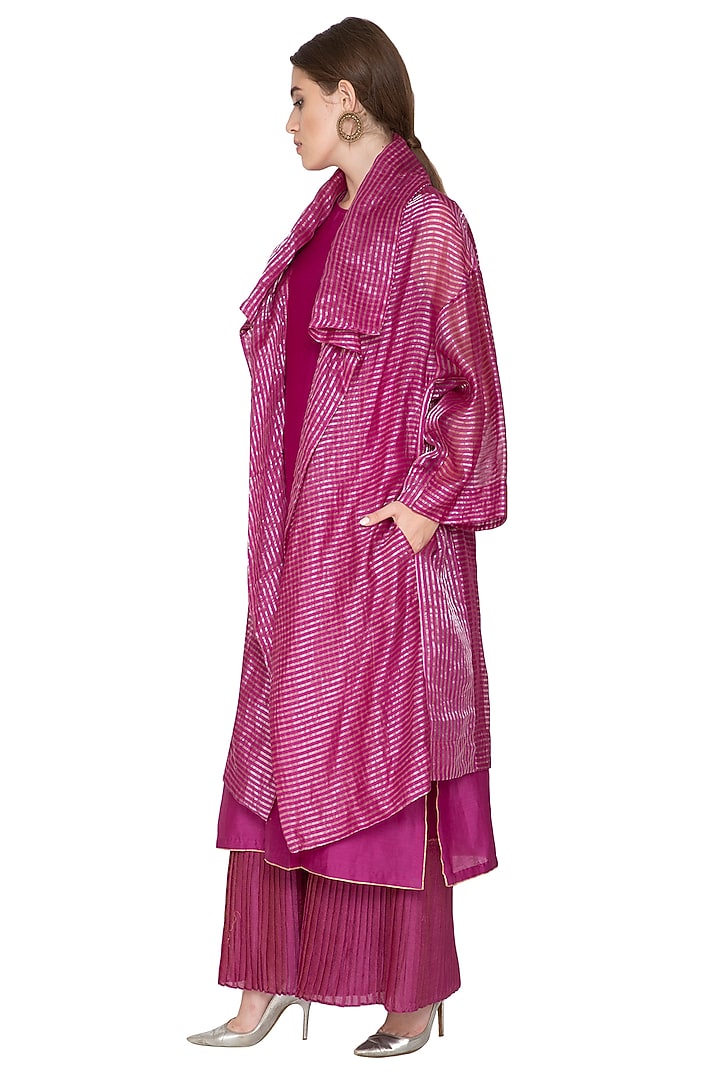 Fuchsia Stripe Kota Silk Pleated Palazzo Pants by Urvashi Kaur at Pernia's Pop Up Shop