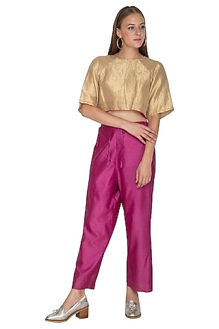 Fuchsia Chanderi Silk Detailed Pants by Urvashi Kaur