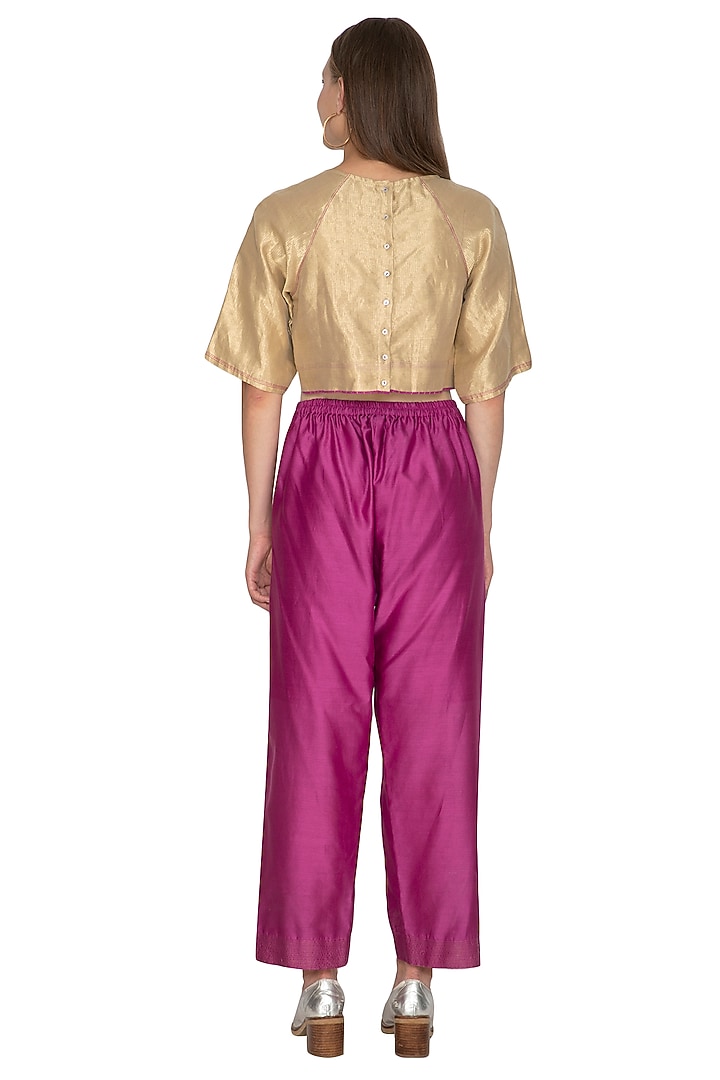 Fuchsia Chanderi Silk Detailed Pants by Urvashi Kaur at Pernia's Pop Up Shop