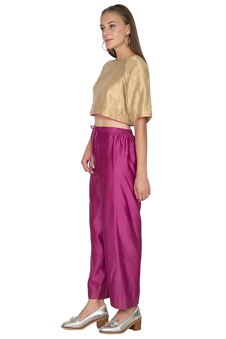 Fuchsia Chanderi Silk Detailed Pants by Urvashi Kaur at Pernia's Pop Up Shop