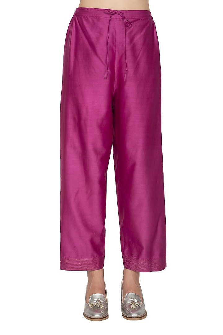 Fuchsia Chanderi Silk Detailed Pants by Urvashi Kaur at Pernia's Pop Up Shop