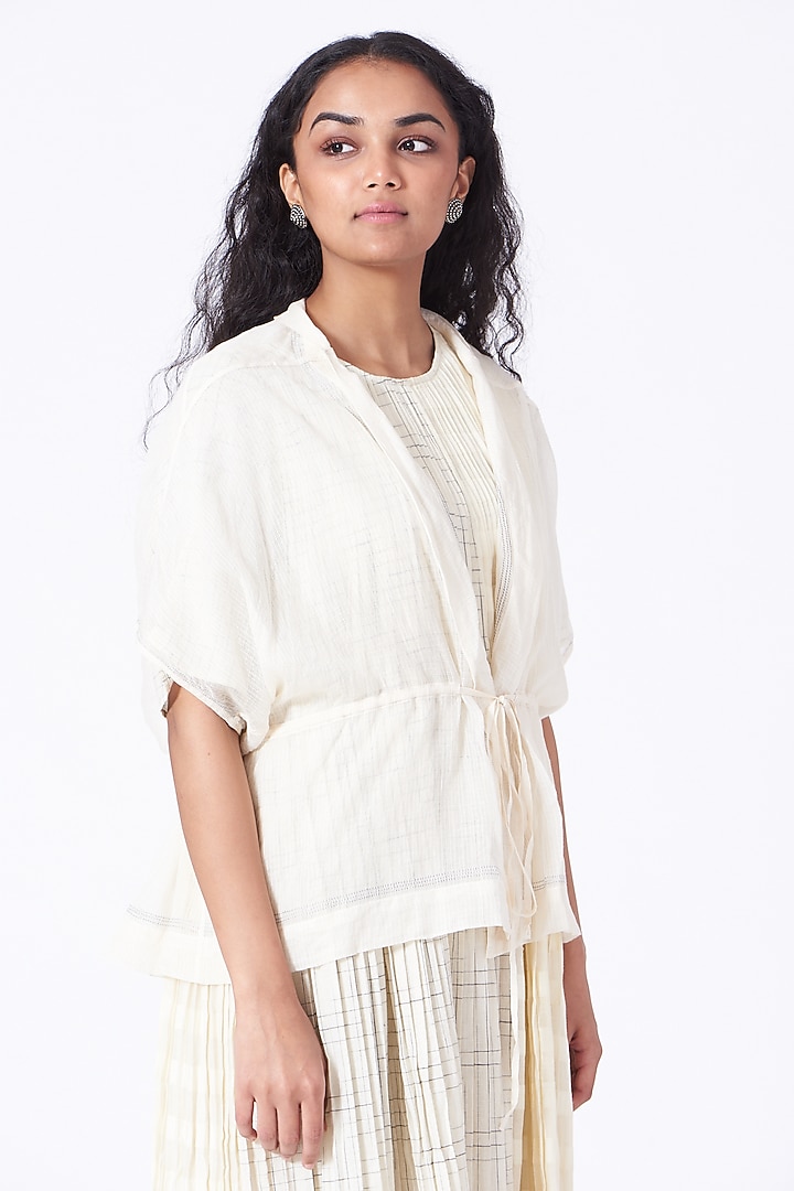 Antique White Handwoven Kota Cotton Jacket by Urvashi Kaur at Pernia's Pop Up Shop