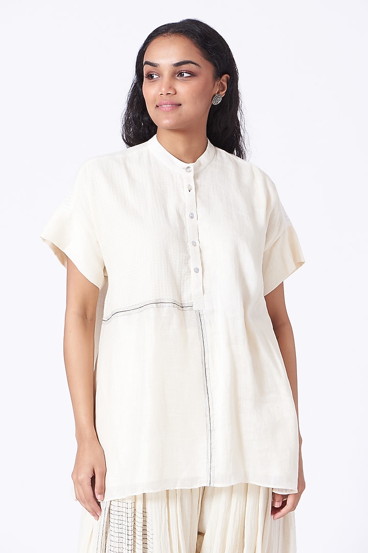 Antique White Linen Silk Paneled Top by Urvashi Kaur at Pernia's Pop Up Shop
