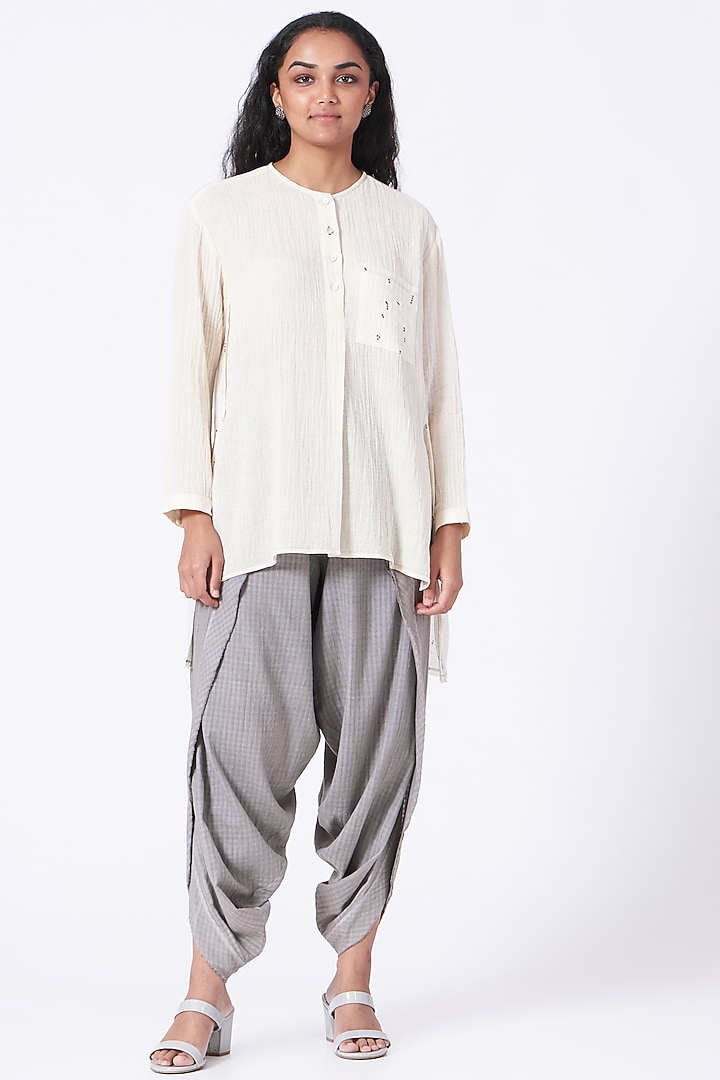 Antique White Hand Block Printed Top by Urvashi Kaur at Pernia's Pop Up Shop