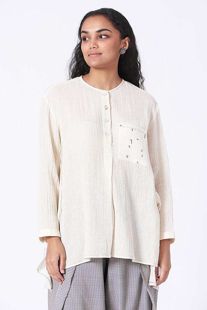 Antique White Hand Block Printed Top by Urvashi Kaur at Pernia's Pop Up Shop