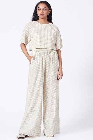 Antique White Cotton Checkered Pants by Urvashi Kaur