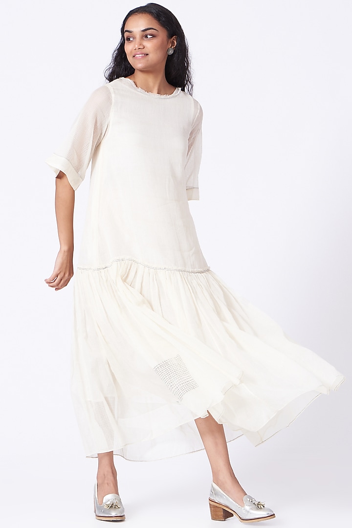 Antique White Hand Block Printed Vacation Dress by Urvashi Kaur at Pernia's Pop Up Shop