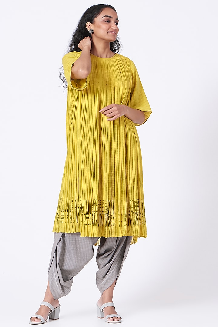 Yellow Hand Block Printed Dress by Urvashi Kaur